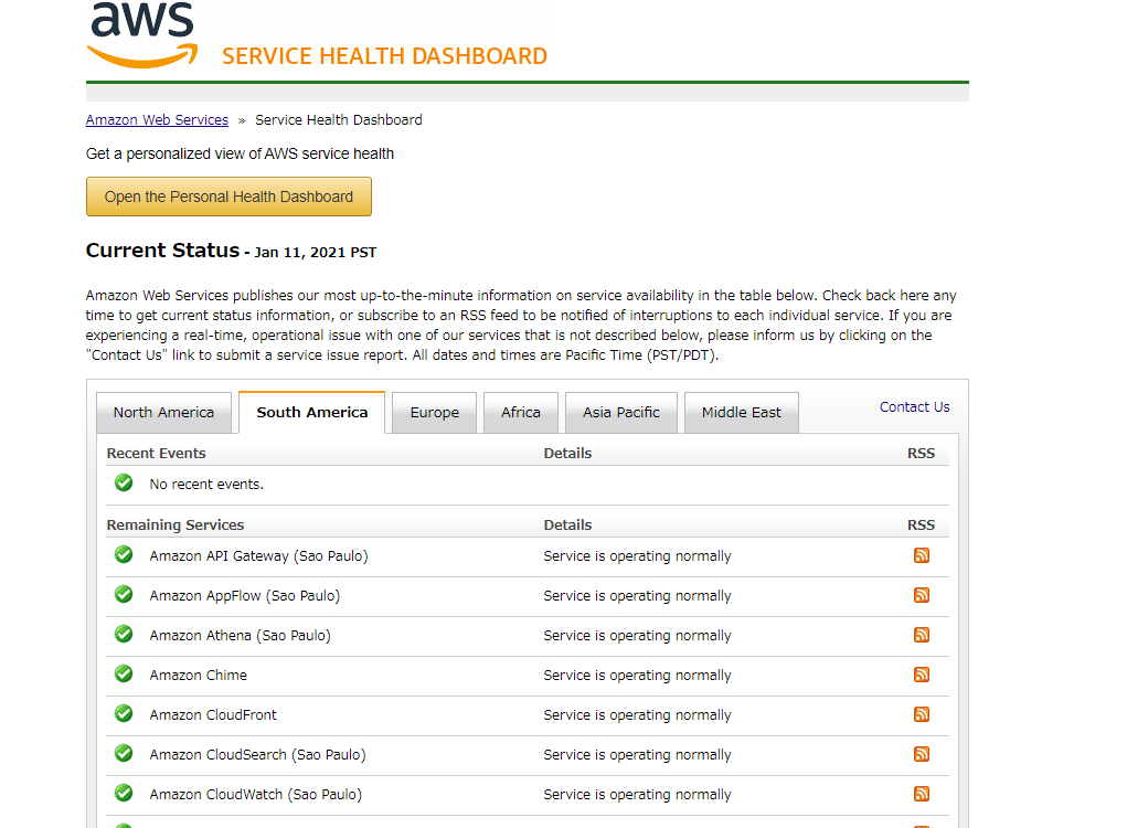 AWS Service Health Dashboardの画面:リージョン別のステータス一覧