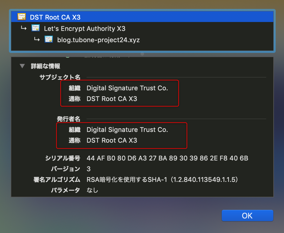 DST Root CA X3のルート証明書詳細(自己署名証明書)