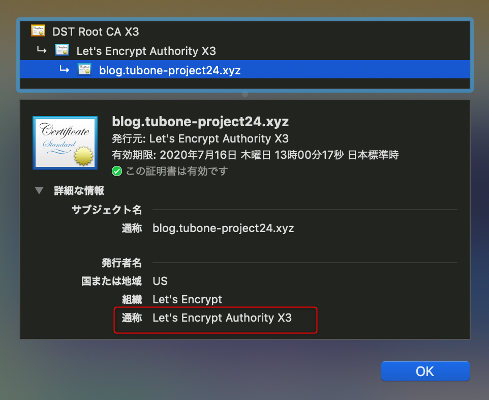 tubone-project24.xyzのSSL証明書情報(Let's Encrypt Authority X3発行)
